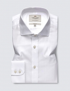 Картинка Mens Formal White Herringbone Fitted Slim Shirt Windsor Collar Single Cuff Easy Iron